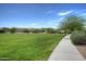 Expansive green space in the community with lush grass, mature trees, and walking path at 40468 W Sanders Way, Maricopa, AZ 85138