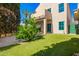 Lush backyard featuring vibrant green lawn, mature trees, and the home's rear exterior at 6510 S Hazelton Ln # 101, Tempe, AZ 85283