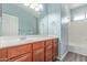 Bathroom featuring wood cabinets, light blue walls, and wood look flooring at 7169 W Lamar Rd, Glendale, AZ 85303