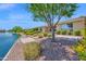 Scenic backyard featuring a tranquil lake view, well-maintained landscaping, and a cozy patio area at 42485 W Abbey Rd, Maricopa, AZ 85138