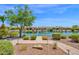 Beautiful backyard view with a serene lake, lush greenery, and a charming paved pathway at 42485 W Abbey Rd, Maricopa, AZ 85138