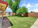 Spacious backyard featuring a well-maintained lawn, mature trees, a storage shed and block fencing at 1306 W 12Th St, Tempe, AZ 85281