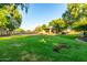 Grassy backyard features a covered patio, volleyball court, and lush lawn at 14687 W Amelia Ave, Goodyear, AZ 85395