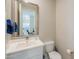 Half bathroom featuring a white vanity, modern mirror, and toilet at 281 E Shamrock Dr, Chandler, AZ 85286