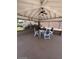 Covered patio with a table and chairs, ceiling fan and a view of green space and a wall at 3510 E Hampton Ave # 133, Mesa, AZ 85204