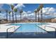 A beautiful swimming pool is surrounded by mature palm trees, lounge chairs, and mountain views at 3915 N Shannon Cir, Mesa, AZ 85215