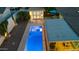 Evening aerial view of back yard showing pool, patios, landscaping and back yard office at 421 N Evergreen St, Chandler, AZ 85225