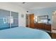 Bright bedroom with blue accent wall, sliding closet doors, and mid-century furniture at 421 N Evergreen St, Chandler, AZ 85225