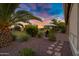Desert landscaped backyard featuring pavers, decorative rock, and lush palm trees at dusk at 42711 W Darter Dr, Maricopa, AZ 85138