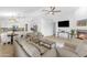 Spacious living room open to the kitchen, with modern furnishings, a fireplace, and a large-screen television at 4301 E Abraham Ln, Phoenix, AZ 85050