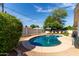 In-ground swimming pool in backyard with trees, lounge chairs, and outdoor seating at 7440 E Hubbell St, Scottsdale, AZ 85257