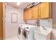 Functional laundry room with a washer, dryer, utility sink, and plenty of cabinet storage at 7722 W Michigan Ave, Glendale, AZ 85308