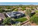 Aerial view showcasing a home with solar panels, a manicured lawn, and a backyard patio with a hot tub at 7775 E Fledgling Dr, Scottsdale, AZ 85255