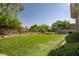 Expansive artificial grass backyard with mature trees, and private fence offer a relaxing outdoor retreat at 7775 E Fledgling Dr, Scottsdale, AZ 85255