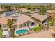 This is an aerial view of a beautiful home showing a private backyard pool, patio, and lush landscaping at 22625 N Van Loo Dr, Maricopa, AZ 85138