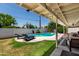 Inviting pool area with lounge chairs, green lawn, and a covered patio for relaxation at 1209 W Colter St, Phoenix, AZ 85013