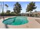 Backyard pool featuring a sun deck, mature trees, and string lights for evening enjoyment at 1509 W Kiowa Ave, Mesa, AZ 85202