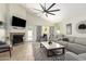 Inviting living room with a fireplace, tile floors, vaulted ceiling and a ceiling fan at 19230 N 5Th St, Phoenix, AZ 85024