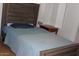 Clean bedroom with twin bed featuring a wooden headboard, bedside table and soft blue bedding at 303 S Recker Rd # 78, Mesa, AZ 85206