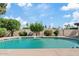 Sparkling pool with clear blue water surrounded by mature trees and lush greenery, offering privacy and tranquility at 8361 E San Rafael Dr, Scottsdale, AZ 85258