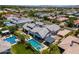Stunning aerial view of a property featuring an inviting pool, lush greenery, and a well-appointed outdoor lounge area at 2630 E Lovebird Ln, Gilbert, AZ 85297