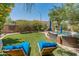 Lush backyard features a pool with rock waterfall, outdoor seating, and vibrant landscaping at 8447 W Tether Trl, Peoria, AZ 85383