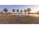 Scenic pond view at sunset features palm trees, walking path, decorative street lights and water features at 10794 S Coolwater Dr, Goodyear, AZ 85338