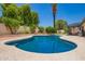 Sparkling blue pool surrounded by a concrete deck, lush greenery, and a tranquil backyard setting at 1743 W Acoma Dr, Phoenix, AZ 85023