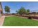 Nice turf in the backyard bordered with plants and a metal fence at 41041 W Somers Dr, Maricopa, AZ 85138