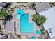 Overhead shot of community pool area with inviting blue umbrellas and spa at 11333 N 92Nd St # 1118, Scottsdale, AZ 85260