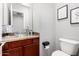 Stylish powder room with a clear glass bowl sink, granite countertop, and modern wall art at 121 N California St # 35, Chandler, AZ 85225