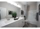 Bright bathroom with a double vanity, large mirror, decorative plants, and a shower-tub combo at 13195 N 145Th Ln, Surprise, AZ 85379