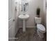 Charming powder room with pedestal sink, round mirror, and modern herringbone tile flooring at 13195 N 145Th Ln, Surprise, AZ 85379