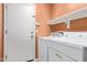 Functional laundry room with modern appliances, shelving, and access door at 25840 W Whyman St, Buckeye, AZ 85326