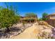 Backyard with gravel landscaping, desert foliage, walking path, and the house in the background at 82 N 221St Ave, Buckeye, AZ 85326