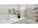 Well-lit bathroom showcasing a tub with a decorative curtain, framed art, and a modern single sink vanity at 10622 W Bloch Rd, Tolleson, AZ 85353