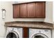 The laundry room features cabinets, granite counters, and a side-by-side washer and dryer at 15221 N Clubgate Dr # 2139, Scottsdale, AZ 85254