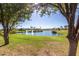 Scenic golf course view features lush greenery, a tranquil pond with fountains and palm trees under a sunny sky at 17359 W Calistoga Dr, Surprise, AZ 85387