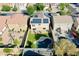 Aerial view of backyard featuring solar panels, artificial grass, pool and patio area; perfect for outdoor living at 20722 N 38Th St, Phoenix, AZ 85050