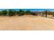 Large, desert-landscaped backyard features gated areas, mature trees, a play area, and distant mountain views at 3614 W Phillips Rd, San Tan Valley, AZ 85144