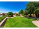 Well-maintained backyard with a manicured lawn, desert landscaping, and a brick pathway at 3614 W Phillips Rd, San Tan Valley, AZ 85144