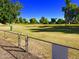 Scenic golf course view from behind a fence, featuring lush greenery and blue skies at 11653 N Hacienda Dr, Sun City, AZ 85351