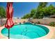 Relaxing backyard pool area enclosed by a brick wall, lush greenery, and a vibrant red umbrella at 17766 W Caribbean Ln, Surprise, AZ 85388