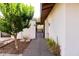 Lush, mature landscaping borders a tiled walkway that extends from the main house to the detached carport at 1861 W Navarro Ave, Mesa, AZ 85202