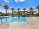 Stunning community pool with mature palm trees and a playground in the background at 2898 E Kim Dr, San Tan Valley, AZ 85143