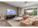 Comfortable living room featuring a mounted TV, a sliding glass door to the patio, and stylish decor at 6251 E Bramble Berry Ln, Cave Creek, AZ 85331