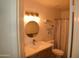 Bright bathroom featuring a modern vanity, round mirror, and shower with geometric patterned curtain at 6352 W Campo Bello Dr, Glendale, AZ 85308