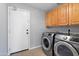 Laundry room with side-by-side washer and dryer and storage cabinets above appliances at 1201 E Campbell Ave, Gilbert, AZ 85234