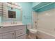 Updated bathroom featuring modern fixtures, vanity and a shower-tub combo at 10621 W Oakmont Dr, Sun City, AZ 85351
