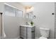Bathroom with gray vanity, modern fixtures, and a well-lit mirror at 4837 E Pershing Ave, Scottsdale, AZ 85254